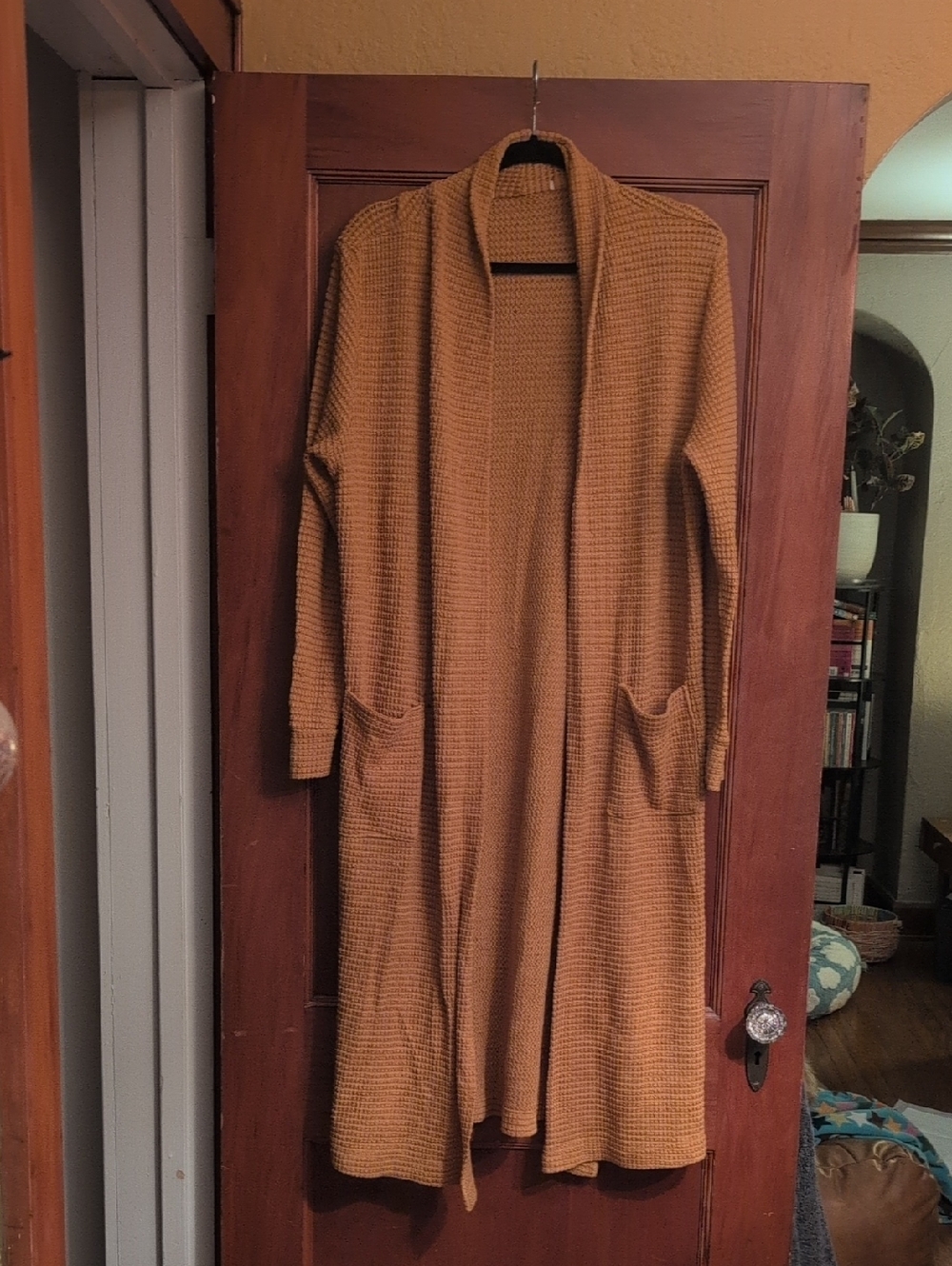 Long Mustard Waffle Knit Cardigan
